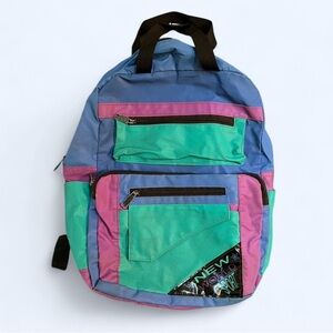 Vintage 80s Multicolor Retro Backpack New World Sport Geometric Neon Travel Bag